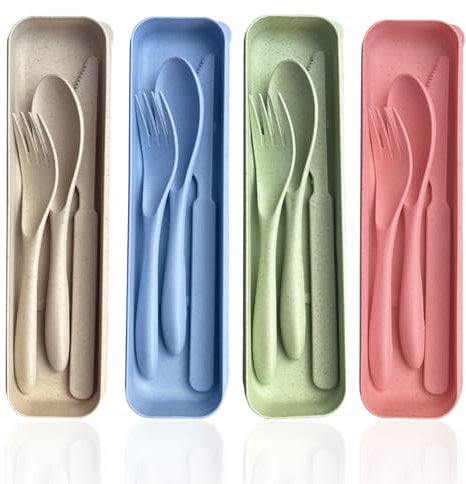 RYHHH 4 Sets Reusable Cutlery Set, 12 Pcs Plastic PP Flatware, Travel Cutlery Set with Case, Compact & Lightweight, Durable & Sustainable, for Travel, Work, School, Picnic, Camping, BBQ or Daily Use