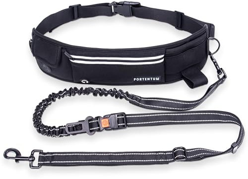 PORTENTUM Guinzaglio mani libere per cani con cintura regolabile 60–127 cm – Ideale per correre, camminare ed escursioni – Design antitrazione con tasche integrate e cuciture riflettenti – Nero