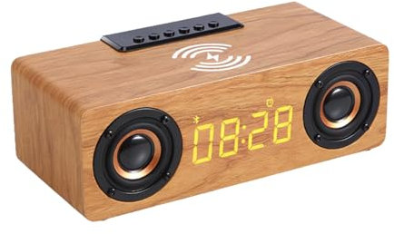 Stylish Wooden Alarm Clock Speaker With Wireless Charging, 6W, 9.3 X 4.3 X 3.1 Inches, Modern Design For Home & Office