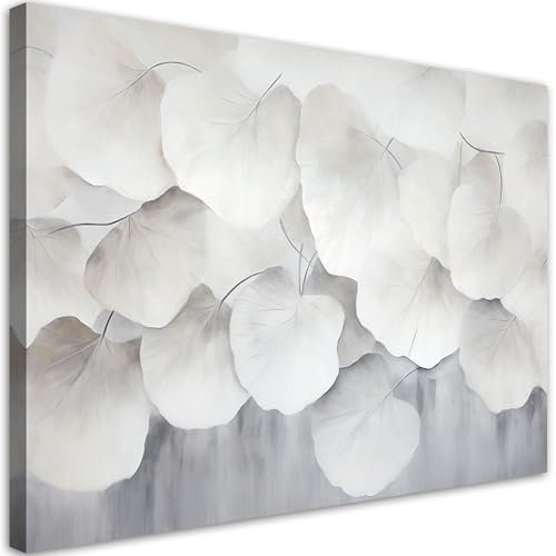 Feeby Wandbilder - Bilder Schlafzimmer - Beige Blätter Ginkgo Natur Boho - 120x80 1tlg - Wohnzimmer Bild Groß - Wohnungs - Foto Geschenk - Leinwand Wall Art - Wand Deko