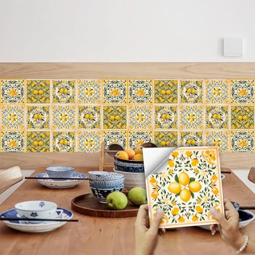 Piastrelle Adesive Cucina Foglie Gialle Di Limone Piastrelle Adesive Bagno PVC Impermeabile per Mobili Pannelli Adesivi per Pareti Decorazione Autoadesivo Mattonelle 20x20cm/10 pezzi
