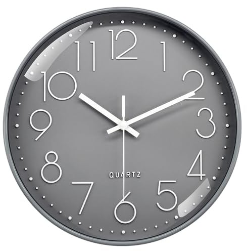 VIKMARI 30 cm Graue Moderne Wanduhr Lautlos Wohnzimmer Büro | Gut ablesbare 3D-Ziffern, lautloses Sweep-Quarzwerk ohne Tickgeräusche und Hartglas für Küche, Badezimmer und Schlafzimmer