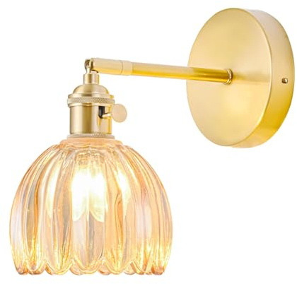 NETHCUEL Applique Murale Intérieure à Fil Rigide, Vintage avec Applique Murale avec Interrupteur, Appareil Dorée, Abat-Jour Verre Ambré Tulipe, Applique Murale Chambre et Salle, Ampoules Non Incluses
