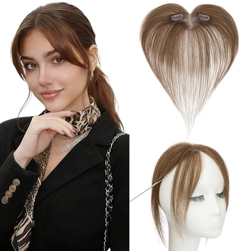 Rich Choices Clip in Pony Echthaar 100% Remy Haarteil Echthaar Pony Haarteil Clip in Hair Topper für Damen Kurz Haar Extentions 9g #4 Mittelbraun Curtain Bangs