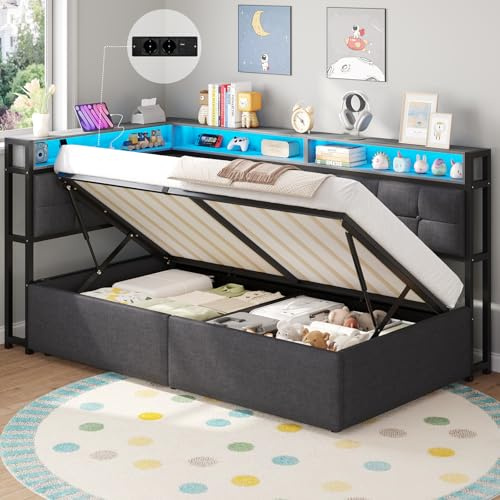 DICTAC Polsterbett 90x190 mit Stauraum, LED & Ladestation | Jugendbett mit Hydraulischer Bettkasten, zweistöckiges Ablagefach | Tagesbett Einzelbett in Grau– für Kinder, Jugendliche & Erwachsene