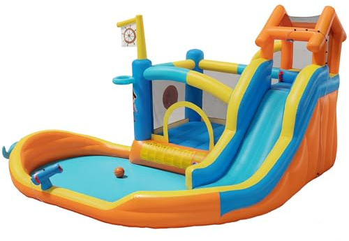 UEV Gonfiabile Castello Gonfiabile con Ventilatore 580W, Parco Acquatico con Doppio Scivolo, Piscina per Bambini, Arrampicata,Parco Divertimento Uso Interno ed Esterno, 457 x 373 x 218 cm