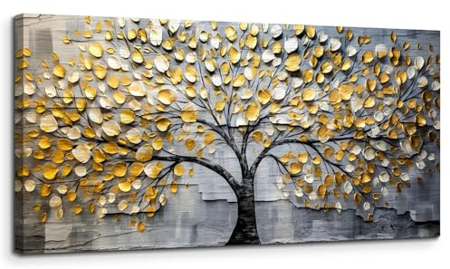 Artefizio Quadri Moderni Soggiorno Grandi, Stampe da Parete Albero Della Vita Dorato, Quadro Camera da Letto Su Tela Parete Bagno Cucina Ufficio Sala Da Pranzo (180L x 80l cm)