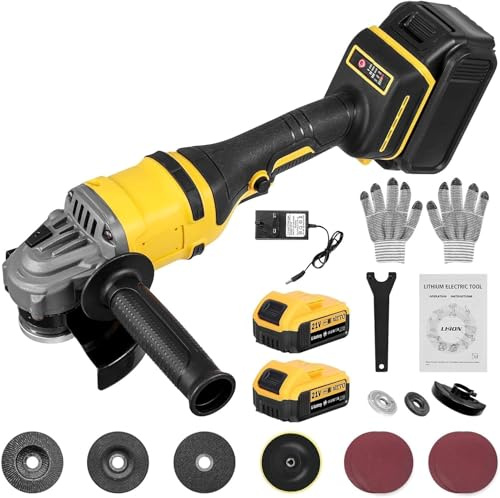 Teodute Cordless Angle Grinder 125mm 1500W, 4-1/2 Inch Electric Angle Grinder Tool with 6 Discs & 2×5.0Ah Batteries, Variable Speed and DSC Protection Max 30000RPM for Metal Cutting Grinding Polishing