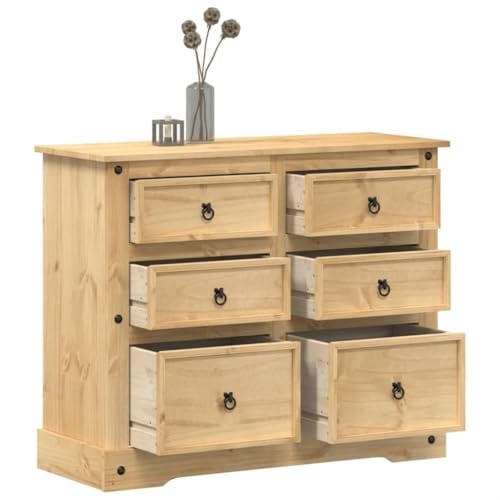 Ordellia Kommode Corona aus massivem Kiefernholz Honigwachs 110 x 43 x 91 cm, 6 Schubladen, Metall Ringgriffe für Wohnzimmer Schlafzimmer Flur Dielen Stauraum
