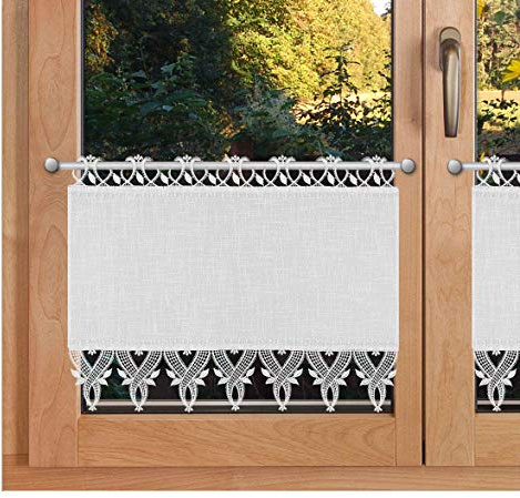 Scheibenhänger Landhausstil Rebecca hochwertige Vogtländische Spitze | Scheibengardine mit Käseleinen-Struktur weiß und Spitzenbesatz | feine, zeitlose Blatt- und Ornament-Stickerei HxB 40 x 54