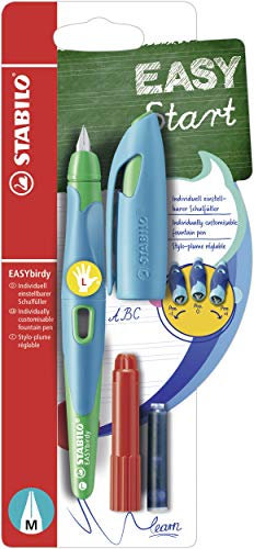 STABILO - Ergonomischer Schulfüller für Linkshänder mit Standard-Feder M - EASYbirdy in himmelblau/grasgrün - inkl. Patrone und Einstellwerkzeug - blau (löschbar)