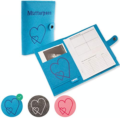 riijk Mutterpasshülle Blau mit Verschluss für Deutschen Mutterpass mit Tasche für Ultraschallbilder und Impfpass, Mutterpass Hülle aus Filz als Geschenk