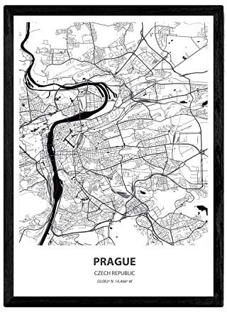 Nacnic Poster mit der Karte von Prag - Tschechische Republik. Blätter Städte in Europa mit Meeren und Flüssen in schwarzer Farbe. A4-Format
