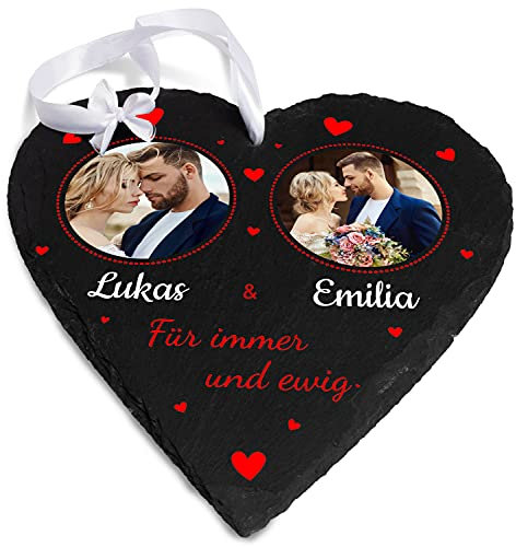 wandmotiv24 personalisiertes Schiefer-Herz, 20x20cm, 2 Fotos, Immer und ewig, Liebe, Geschenk für Frauen & Männer, Deko, Hochzeit, Dekoration Wohnung modern, Geburtstagsgeschenk, Valentinstag M0592