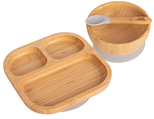 Tiny Dining Baby-Geschirrset - segmentiert - weiß - 3-teilig - geteilter, Rutschfester, selbsternährender Baby-Entwöhnungsteller, Schüssel und Löffel aus Bambus für Babys