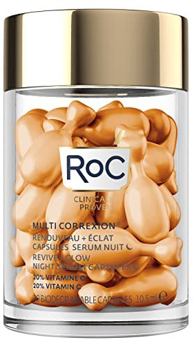 RoC - Multi Correxion Revive + Glow Sérum de Nuit Lissant à la Vitamine C - Anti-rides et Vieillissement -Anti-Âge - Réduction des Points Noirs - 30 Capsules