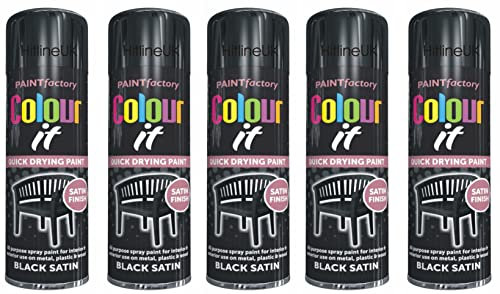 HitlineUK 5 x SATIN BLACK PAINT AEROSOL COLOUR IT SPRAY CAN QUICK DRYING DIY PLASTIC METAL WOOD 250ML