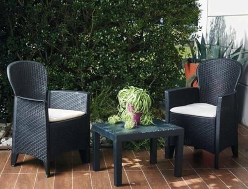 Dmora - Outdoor-Lounge-Set Foggia, Gartenkomposition mit 2 Sesseln und 1 Couchtisch, Lounge in Rattan-Optik mit Kissen, 100 % Made in Italy, Anthrazit