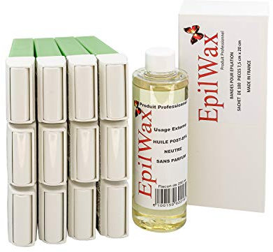 EpilWax - Lot de 12 x Roll On Cire Epilation à l'Aloé Vera + 100 x Bandes d'Épilation + Huile après Épilation - Jambes, Aisselles, Corps - Facile à étaler et à Retirer