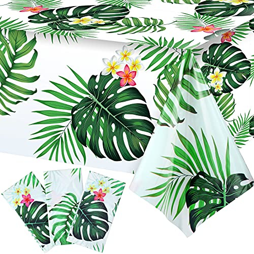 Luau Party Plastic Tablecloths Hawaiian Luau Table Cover Palm Leaves Table Cloth Baby Birthday Bridal Shower Birthday Party Summer Pool Tropical Party Decorations, 54 x 108 Inches (3 Pieces)