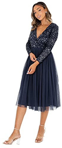 Maya Deluxe Women's Ladies Wedding Guest Midi Dress Long Sleeve Plunging Neckline V Neck Sequin Embellished Graduation Bridesmaid, Navy, 16 (EG024-MIDI-MM)