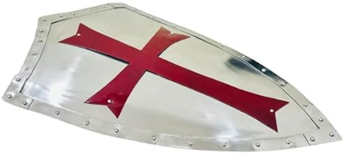 Escudo templario de caballero medieval, armadura de metal de cruzado, rojo plateado, disfraz de armadura de 71 cm, Pulido de plata., 71 cm