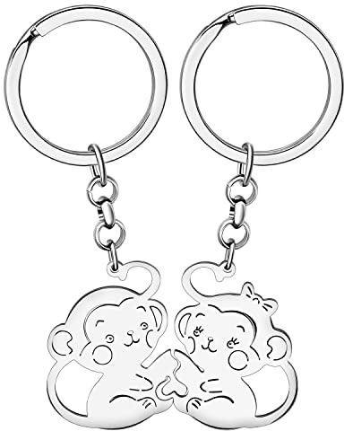 WEVENI Cadeaux Singe Cute En Acier Inoxydable Paire de Singes Porte-clés Anneau Singe Orang-Outan Gorille Accessoires pour les Femme Filles (Couple Argent)