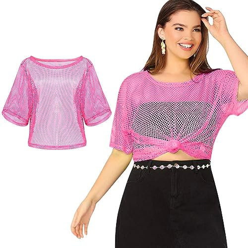 Aomig 80er Jahre Outfit Damen, 80er Jahre Kleidung Mottoparty Netzoberteil Damen Tops Neon 80s 90er Jahre Accessoires, Pink T Shirt Neon Accessoires Geeignet Party Fasching Damen Geburtstag Cosplay