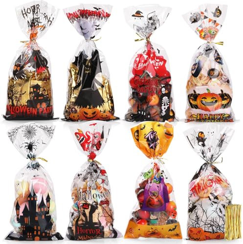 Bigqin 100 Stück Zellophantüten, 8 Muster Halloween Süßigkeiten Tüten Transparent Geschenktüten Plastik Verpackungstüten mit 120 Twist Krawatten für Kinder Partyzubehör - 27 x 12,5 cm