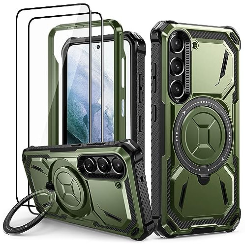 Lanhiem Coque Samsung S21 5G avec 2 Verre Trempé, Antichoc Étui de Militaire Protection, Anneau Support Renforcée Armure Housse pour Samsung Galaxy S21, Vert