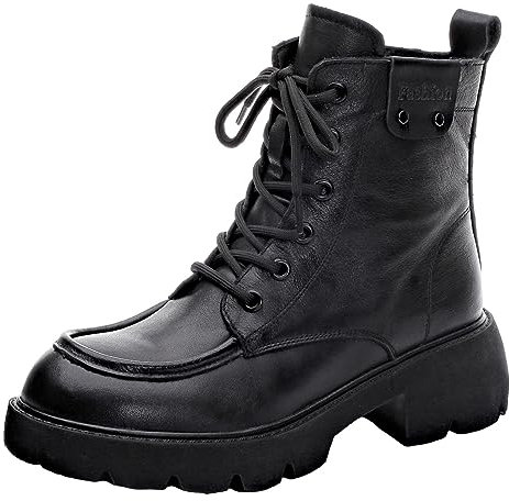 rismart Mujer Cordones Botas de Tobillo con Zip Talón Grueso Punta Redonda Cuero Botas de Combate Negro, 38.5 EU