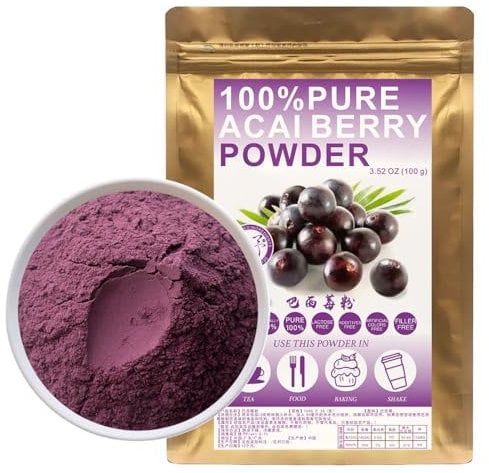 100% Freeze-Dried Acai Powder 100/3.52oz, 100G Pure Acai Berry Pulp, Great for Acai Bowls, Yogurt, Smoothies, and More, Raw, Bulk, No Filler, No additives
