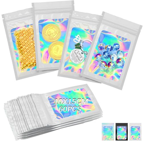 Baggys 60 Stk Mylar Bags Zip Beutel Klein Folienbeutel Baggies Wiederverschließbare Beutel 15*10cm Mylar Beutel Tasche Transparentem Fenster Druckverschlussbeutel Klein für Süßigkeiten Schmuck (Weiß)
