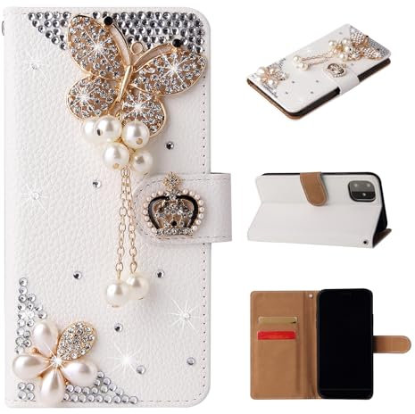 Glitter Wallet Case for iPhone 13 Pro Max Luxury Bling Rhinestones Diamonds Pattern and PU Leather Magnetic Flip Cover with Card Slots Holders Wallet Case - White15