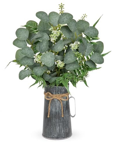 Hollyone Kunstpflanze Eukalyptus in Rustikalen Metall Vase, 45cm Zimmerpflanzen Künstliche Eukalyptus mit Samen Farn Dekopflanzen für Bauernhof Haus Hochzeit Tisch Centerpiece Deko