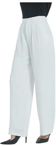 Tronjori Pantalon Habillé Taille Haute Décontracté à Jambe Droite pour Femme - Pantalon de Travail et de Costume avec Ceinture Élastique dans Le Dos, Blanc Ivoire, Taille L