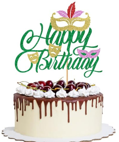 YQLXDHBD Mardi Gras Happy Birthday Cake Topper，Masquerade Mask Gold Green Glitter Birthday Cake Topper，New Orleans Carnival Themed Birthday Party Supplies