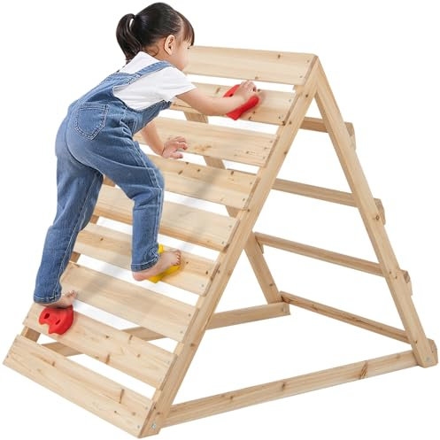 Maxmass Kids Climbing Frame, Double Sided Montessori Triangle Climber with Colorful Rock Wall and Ladder, Wooden Toddler Climbing Toys Indoor Gym Playset for 3-8 Years Old
