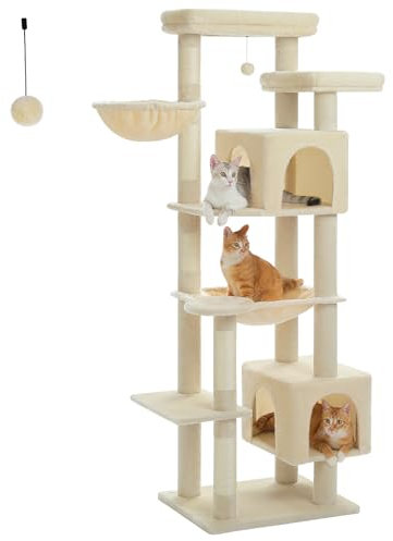 PAWZ Road Large Cat Tree for Indoor Cats, 70 Inches Multi-Level Cat Tower, Cat Tree for Large Cats - Activity Center with 5 Sisal Scratching Posts, 2 Condos, Basket, Hammock & Plush Perches - Beige
