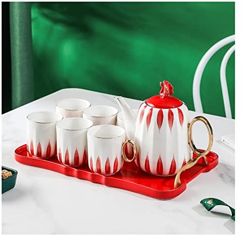 Tea Set Tea Service 8pcs Ceramic Coffee Set European Style Tea Set with Tray English Afternoon Teapot Tea Coffee Cup Set Tea Set for Adults(Rosso)