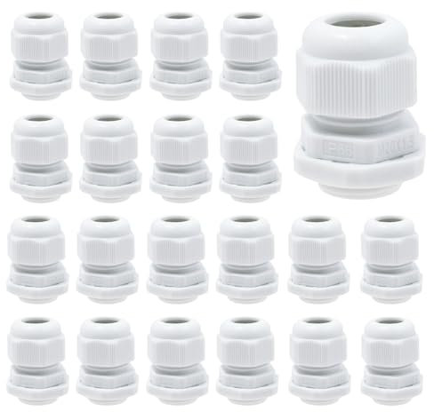 21 Pack M20 20mm Cable Glands,IP68 Waterproof Nylon Connectors for 6-12mm Cables,Durable White Compression Glands with Locknut and Washer,Ideal for Outdoor Use and Junction Boxes