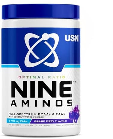 USN Nine Aminos – BCAA Amino Acids & EAA Essential Amino Acids Powder with Added Magnesium & Coconut Water Powder to Support Recovery and Hydration. Grape Fizzy Pop Flavour (330g – 30 Servings)