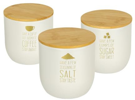 Baroni Home Set 3 Barattoli Contenitori per Sale Zucchero Caffè in Metallo con Coperchio Ermetico in Legno, Barattoli con Tappo Salva Freschezza, Tris da Cucina Linea Happy, 12x12x12 cm