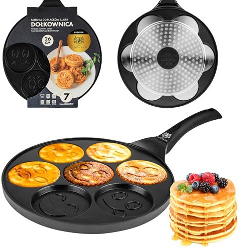 KARL HAUSMANN Pancake Pfanne Induktion - 26cm - Kinder mit Smiley Motiv - Spiegeleipfanne mit Antihaftbeschichtung - Für alle Herdarten - 7 x Form Maker - Eierpfanne - Pancakes Spiegelei - Poffertjes