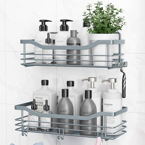 Orimade Duschregal ohne Bohren SUS304 Edelstahl Duschablage mit 5 Haken Duschkörbe für Bad Küche Toilette 2 Stück Grau
