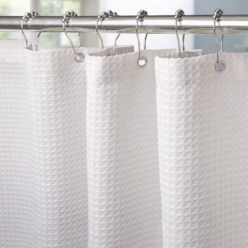 Waffel Duschvorhang mit Metall Duschvorhangringe Stoff Textil Badewannenvorhang Anti Schimmel Bad Vorhang Set Wasserdicht Badewanne Vorhang Schwerer Shower Curtain Badezimmer - 182 x 198cm (Weiß)