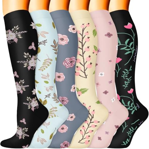 FuelMeFoot 6 Paar Kompressionsstrümpfe für Damen und Herren, Bunte Kompressionssocken Stützstrümpfe für Laufen, Sport, Flug, Reise, Radfahren.08-multi-6 Paar L/XL