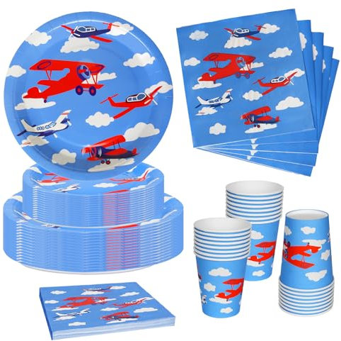 Nkaiso Vaisselle Anniversaire, 96 Pcs Avion Vaisselle de Fête Kit Vaisselles Anniversaire Fille Assiettes Carton Gobelet Serviettes Paille, Fournitures de Fête, Baby Shower- 24 invités