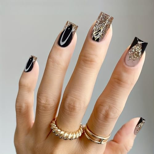 24PCS Long Coffin Press On Nails - Black Glitter French Tip Fake Nails with Gold Sequins, Stick On Reusable Nails for Women and Girls, Nail Art Accessories