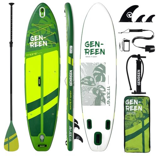 GENREEN (Extra Groß) Stand up Paddle Board für Aller Fähigkeitsniveaus, 335x86cm Aufblasbare Paddleboard für Adults mit Allem Zubehör, SUP Board mit Cam Halterung, 3 Finnen(Monstera Green)